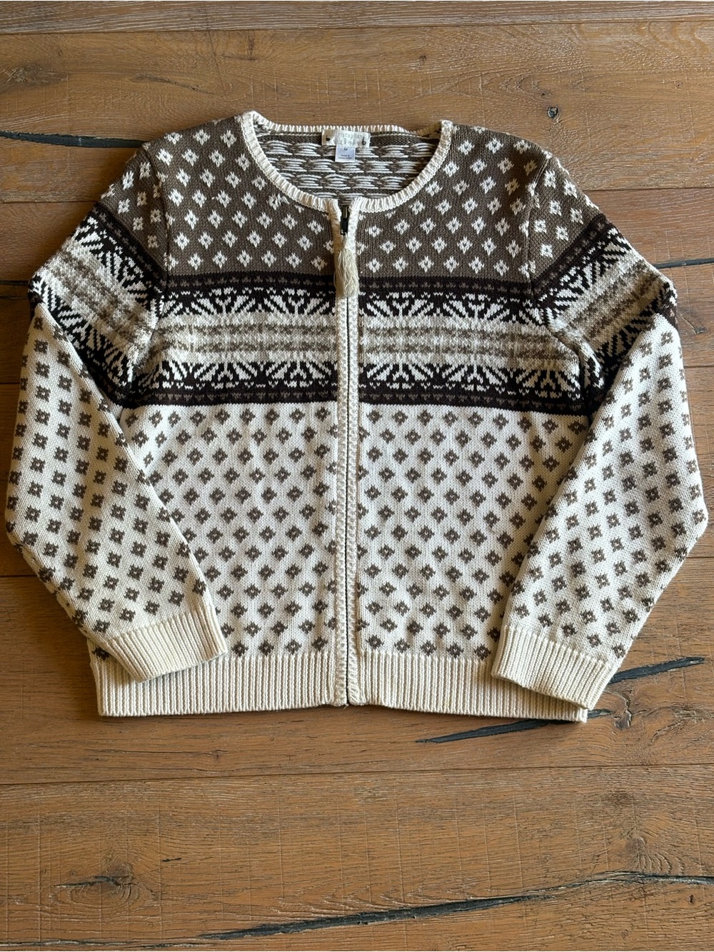 Christopher & Banks Cream and Brown Zip-Front Nordic Sweater